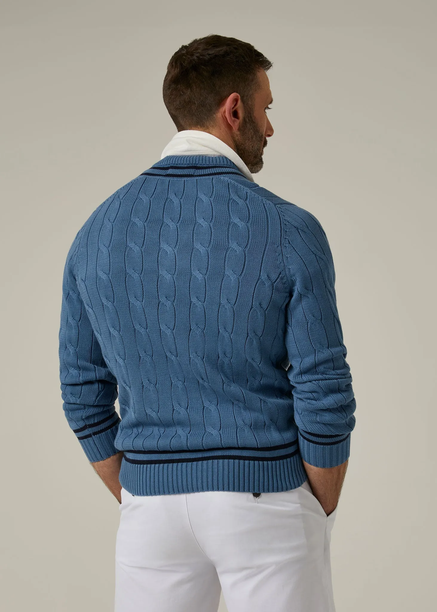 Sandridge Cable Knit Cricket Jumper In Airforce & Dark Navy