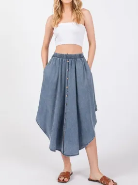 Sandy Feet Button Front Elastic Waist Denim Skirt