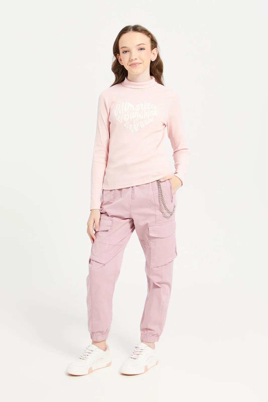 Senior Girls Pink Chest Print Turtle Neck Top