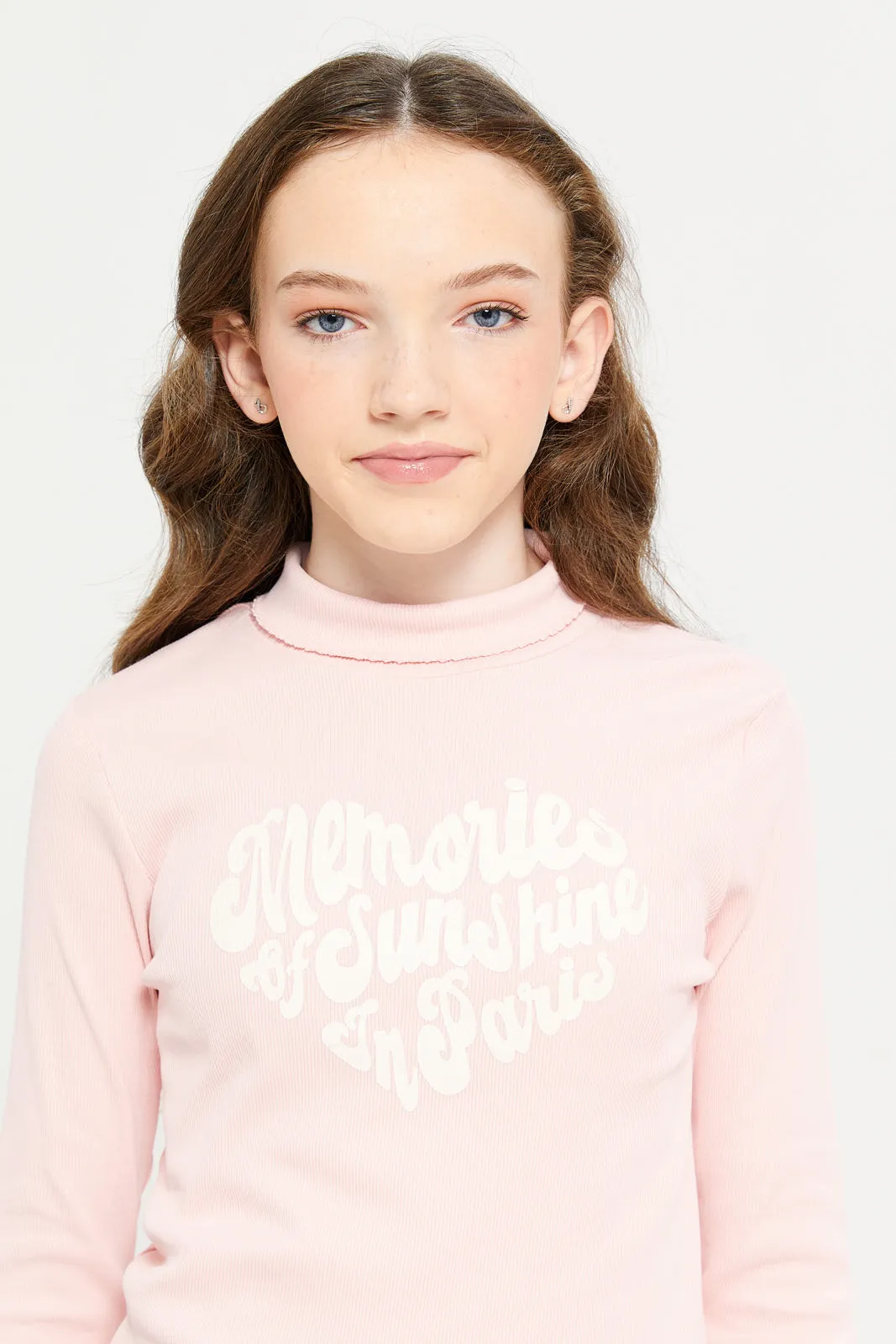 Senior Girls Pink Chest Print Turtle Neck Top