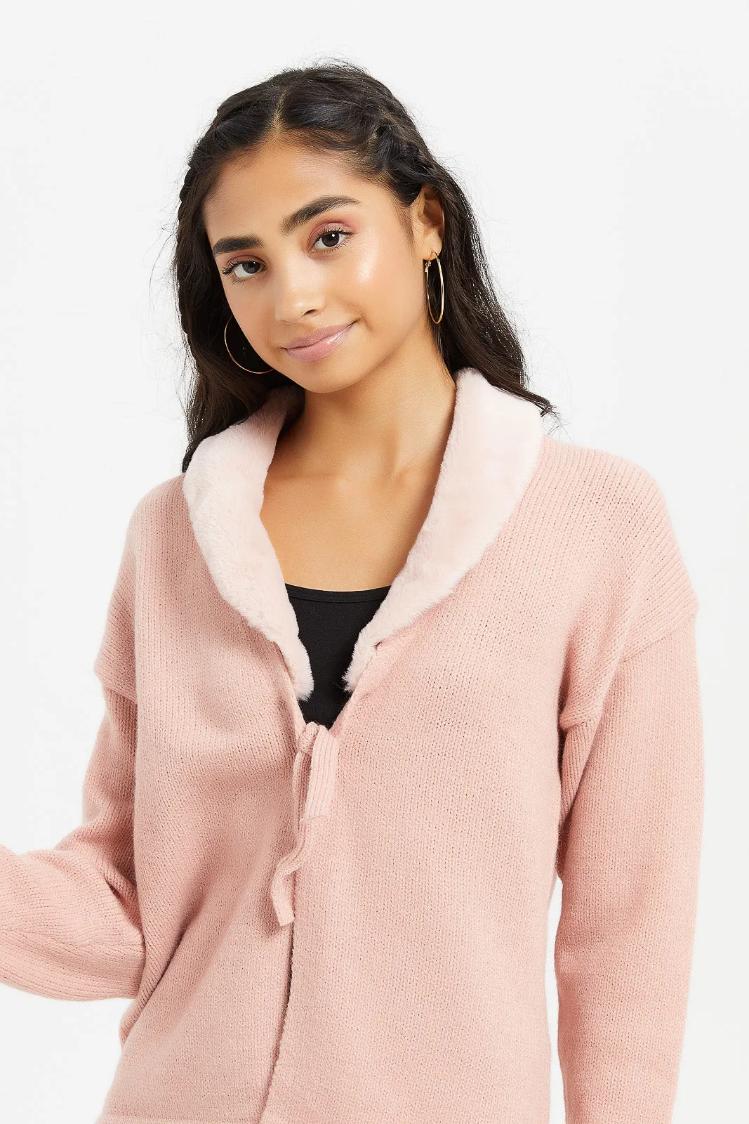 Senior Girls Pink Front Button With Fur jacket