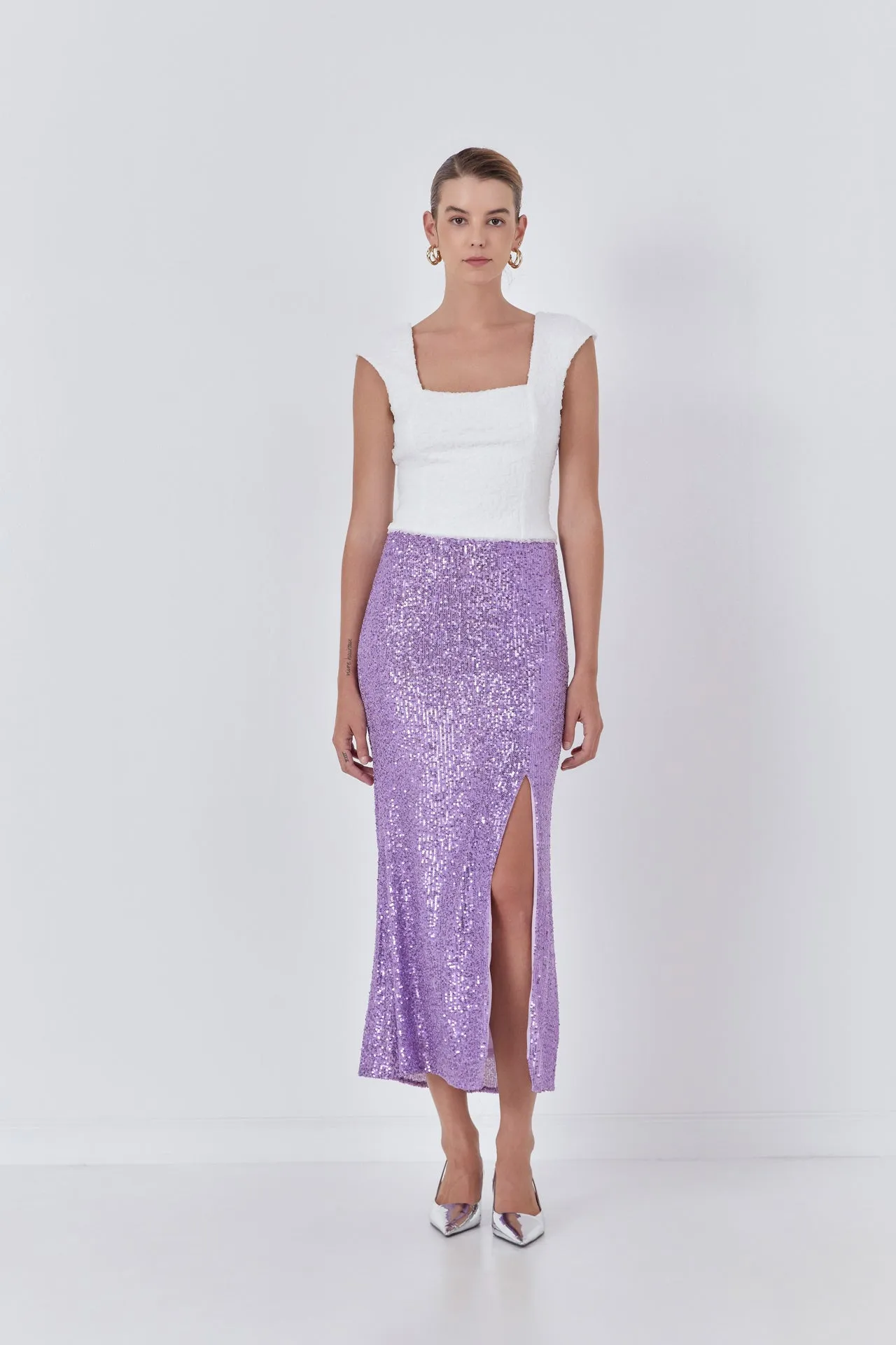 Sequins Front Slit Midi Skirt