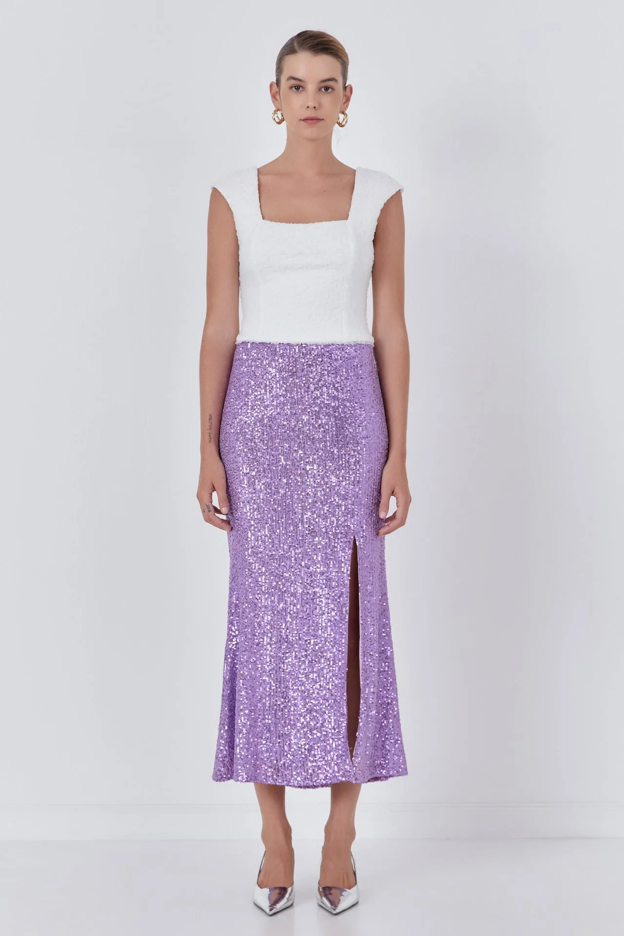 Sequins Front Slit Midi Skirt