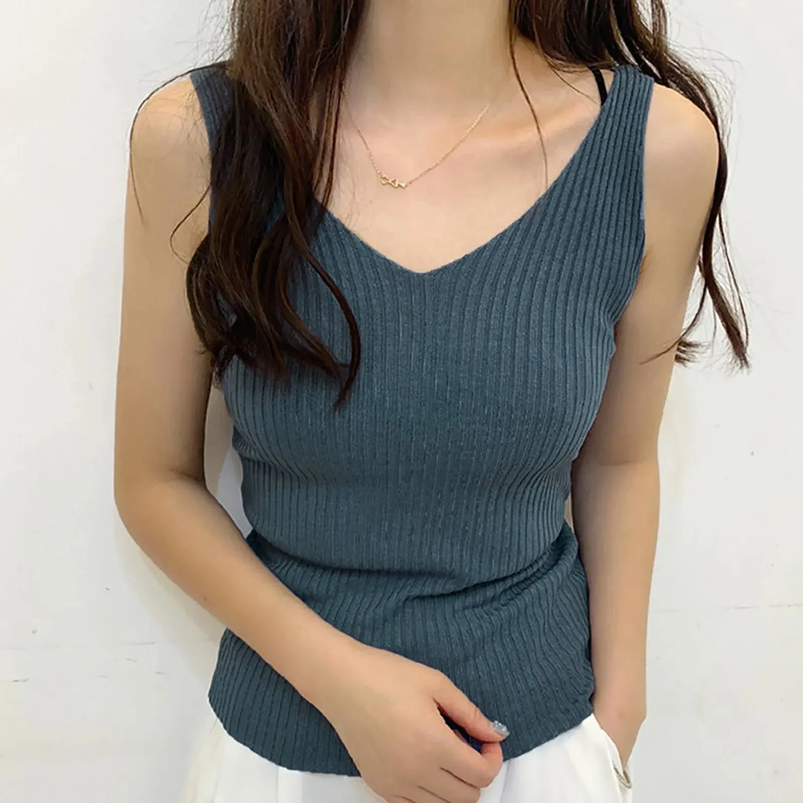 Sexy Knitted Ribbed Camis Sleeveless Round Neck Tank Top