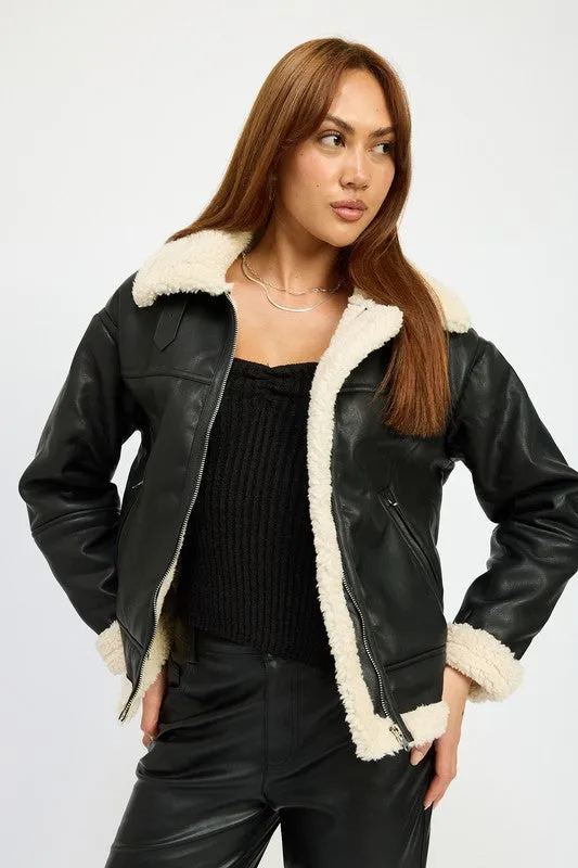 Shearling Vegan Leather Moto Jacket