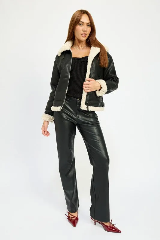 Shearling Vegan Leather Moto Jacket