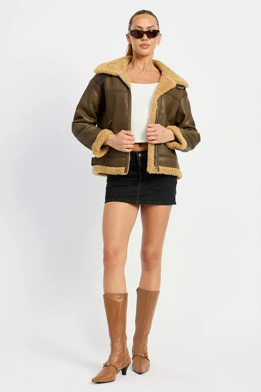 Shearling Vegan Leather Moto Jacket