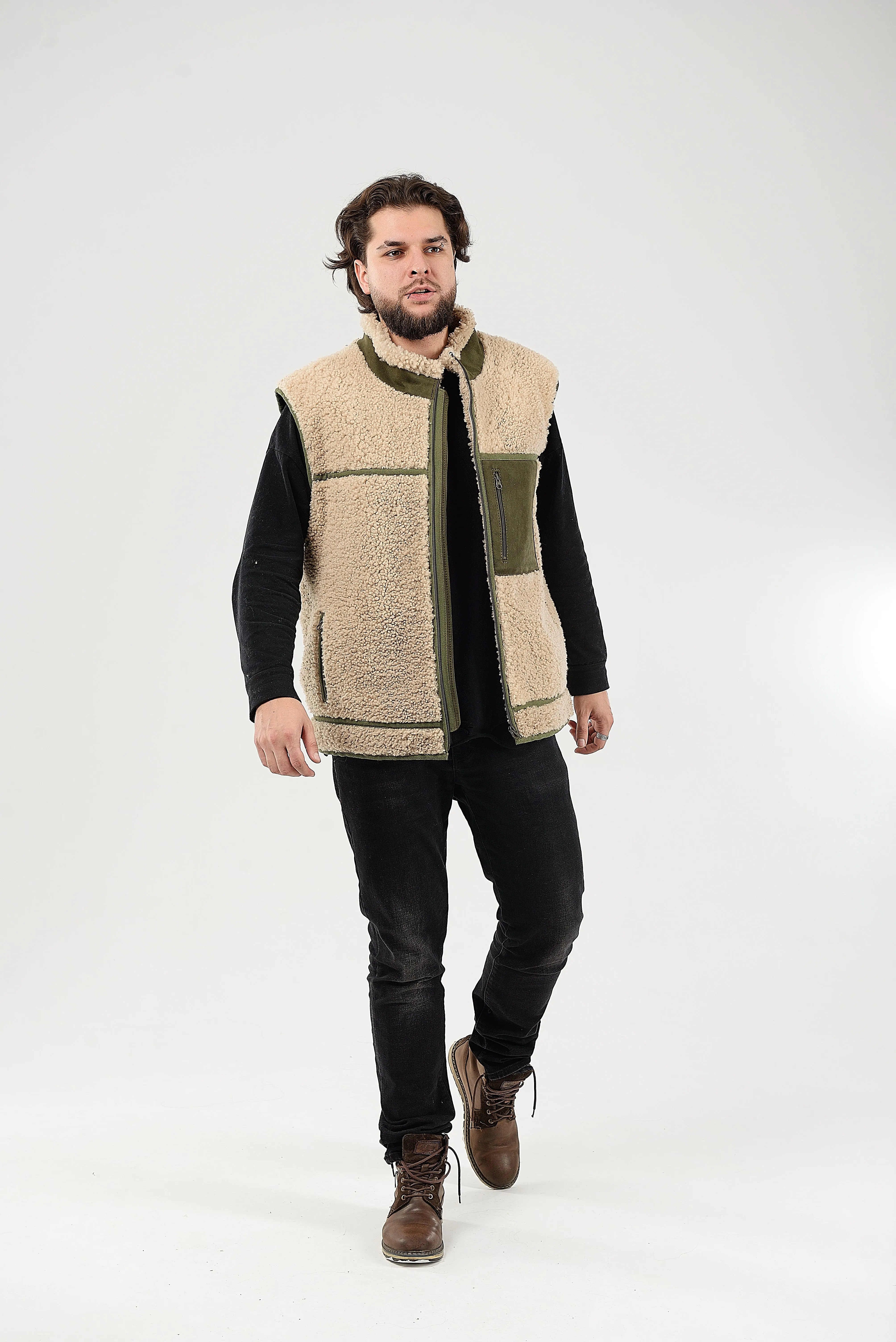 Sheepskin Vest, Collar-Exposed Wool Seams,Beige-green Lightweight And Warm Sleeveless Jacket,Sustainable Clothing,Zipper Closure And Pockets