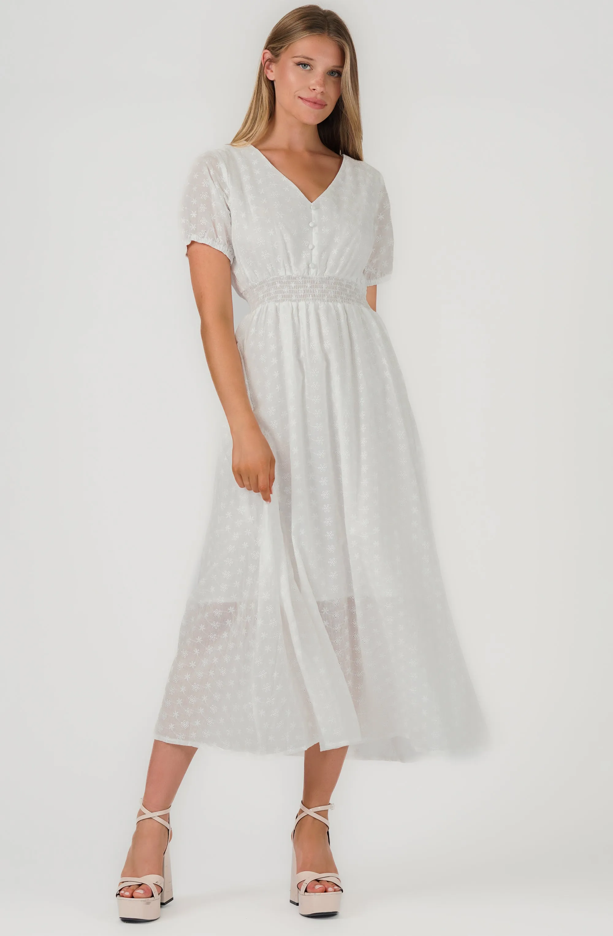 Short Sleeve Midi Dress with smocked waistband