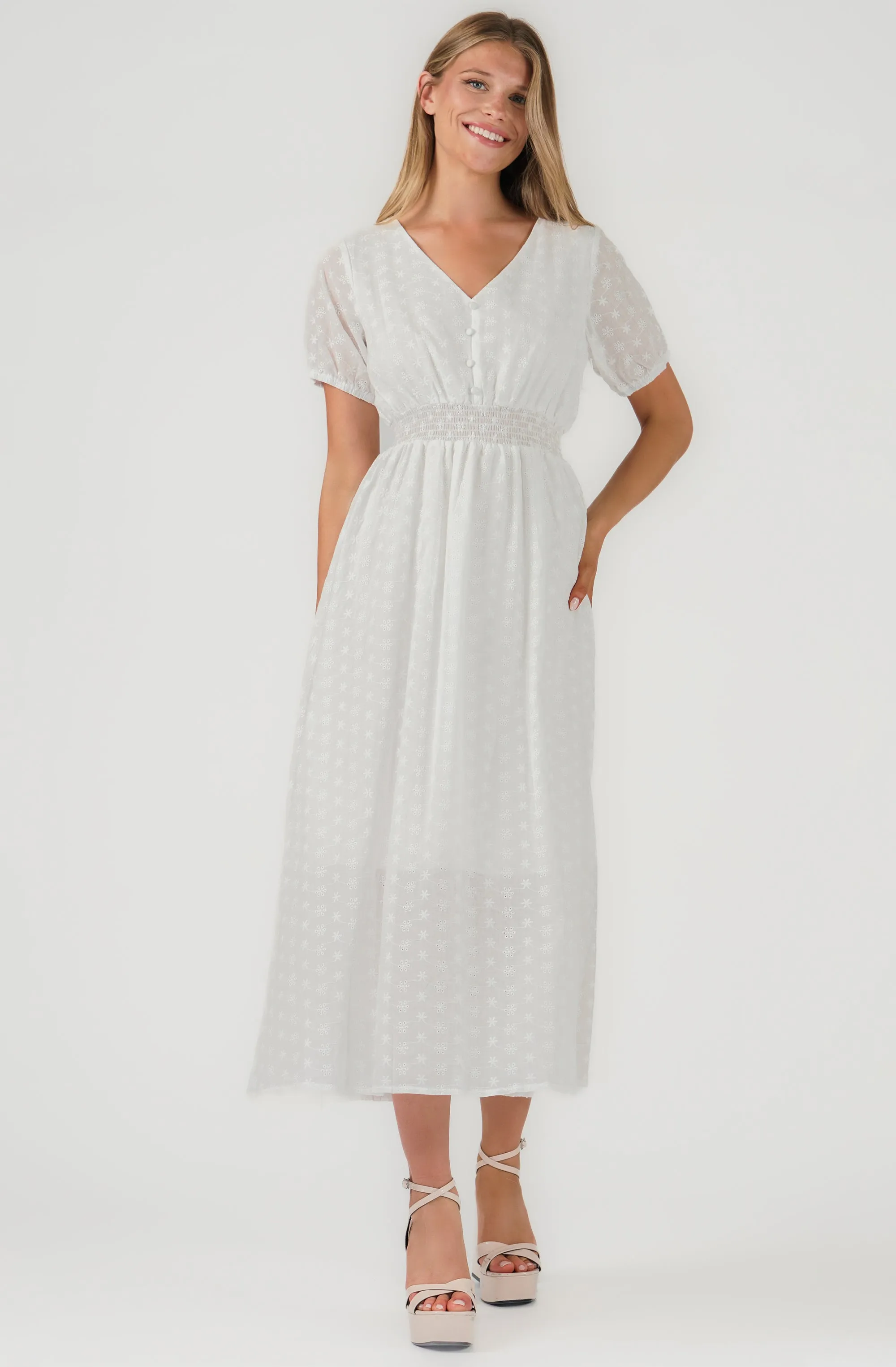 Short Sleeve Midi Dress with smocked waistband