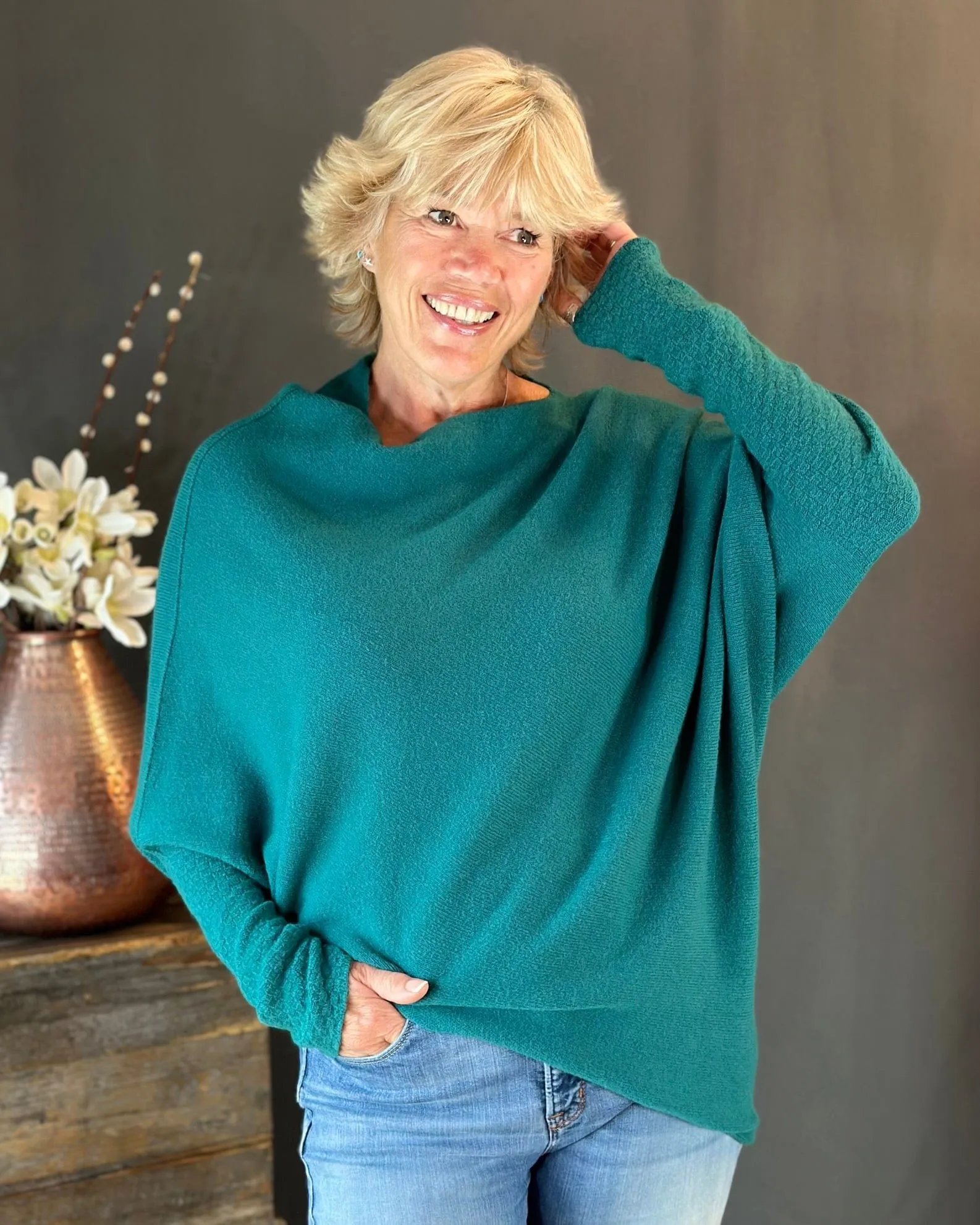 Soft Knit Asymmetric Jumper - Teal Green