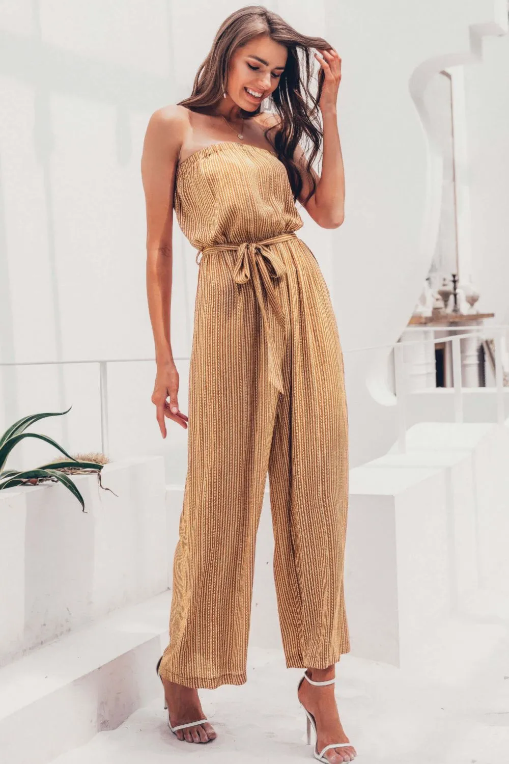 Striped Strapless Belted Wide Leg Jumpsuit