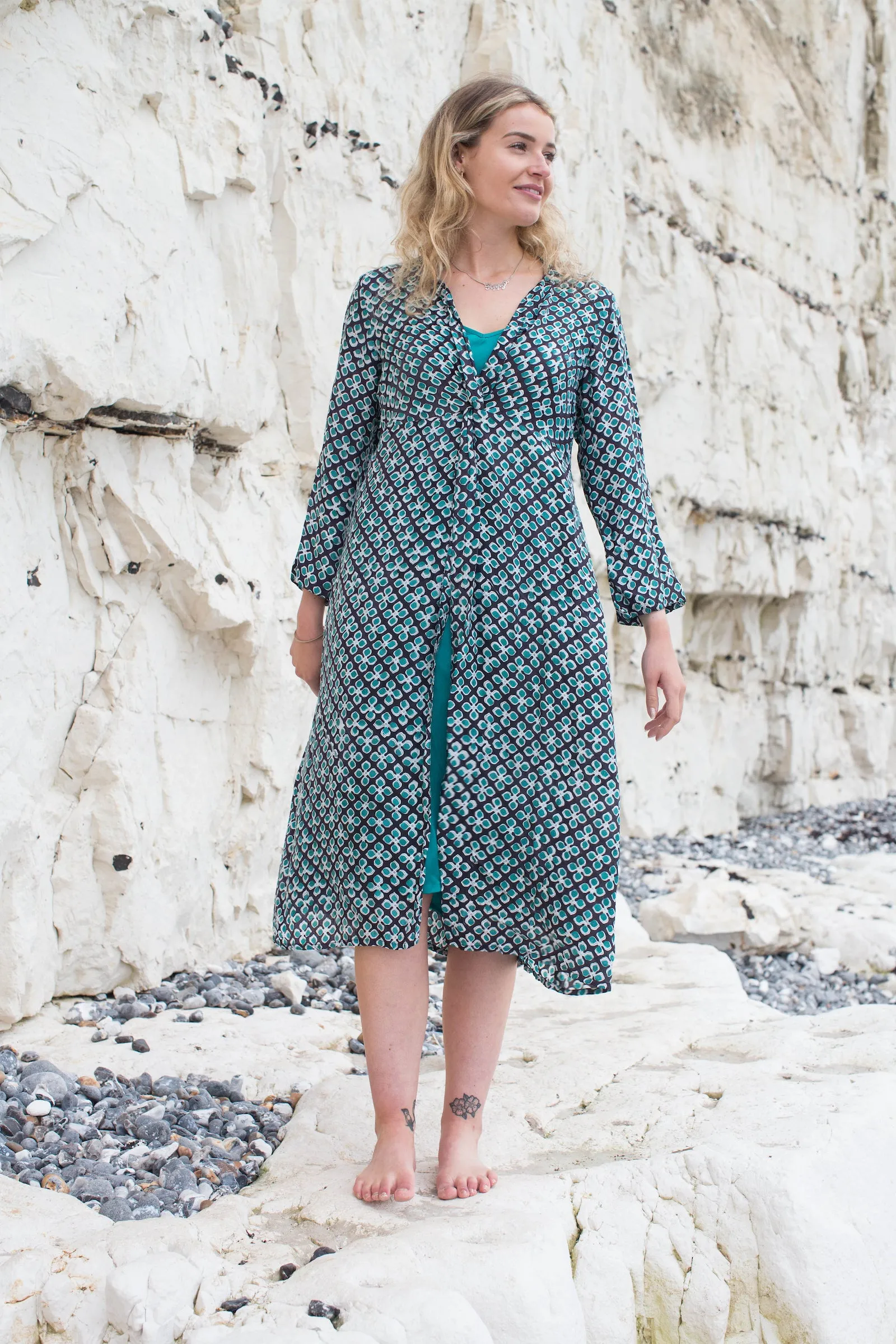 Sufiana Dress Hand Block Printed With Slip in Cotton Jersey Only in Size M - Now Only £79