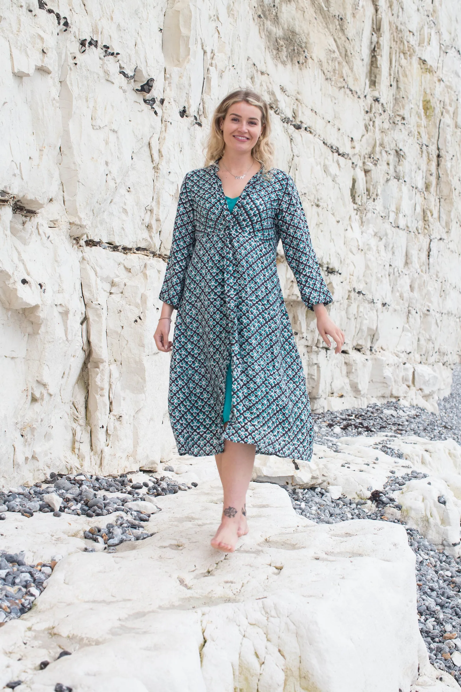 Sufiana Dress Hand Block Printed With Slip in Cotton Jersey Only in Size M - Now Only £79