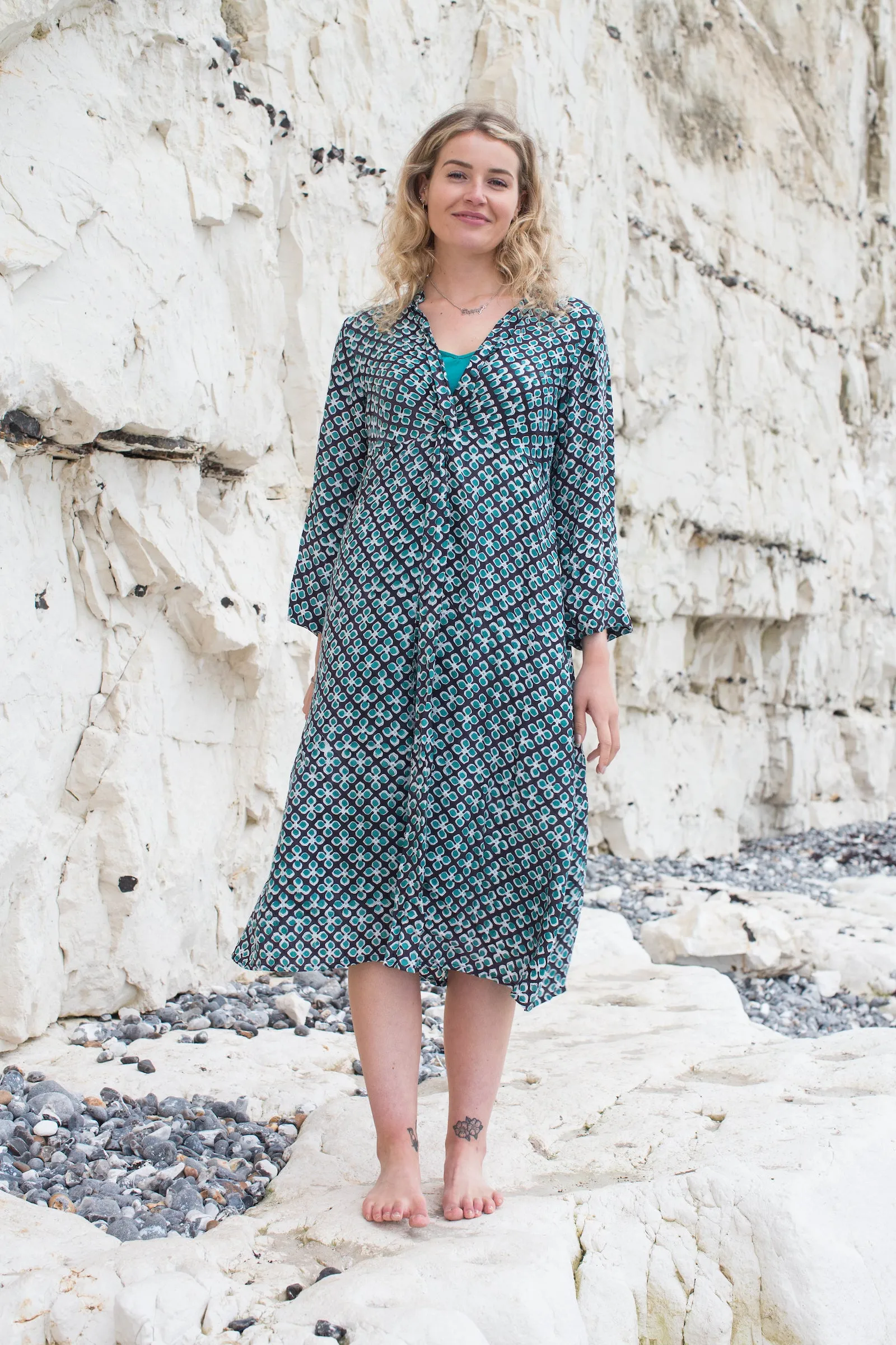 Sufiana Dress Hand Block Printed With Slip in Cotton Jersey Only in Size M - Now Only £79