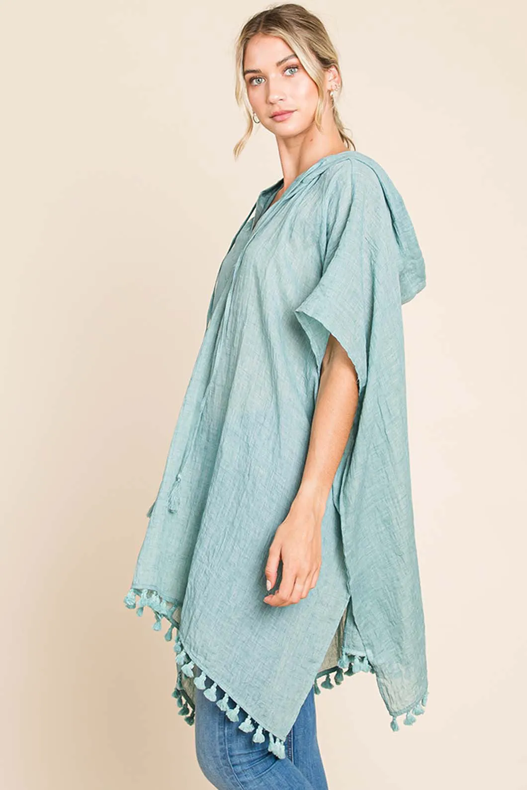 TEEK - MINT Cotton Bleu Tassel Hem Hooded Cover Up