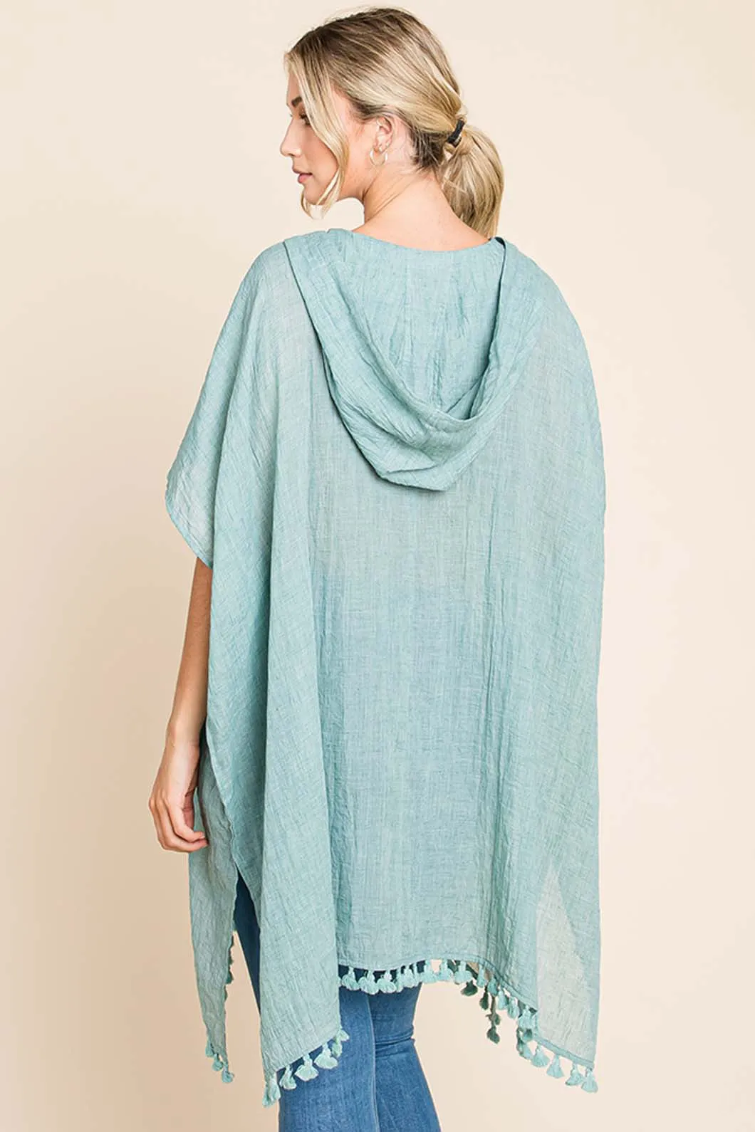 TEEK - MINT Cotton Bleu Tassel Hem Hooded Cover Up