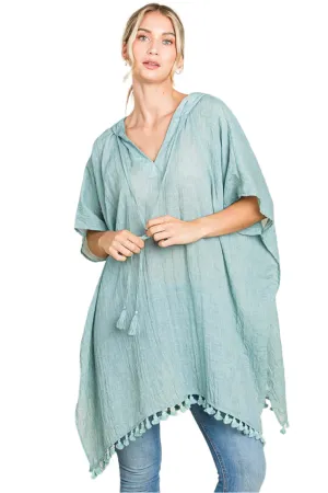 TEEK - MINT Cotton Bleu Tassel Hem Hooded Cover Up