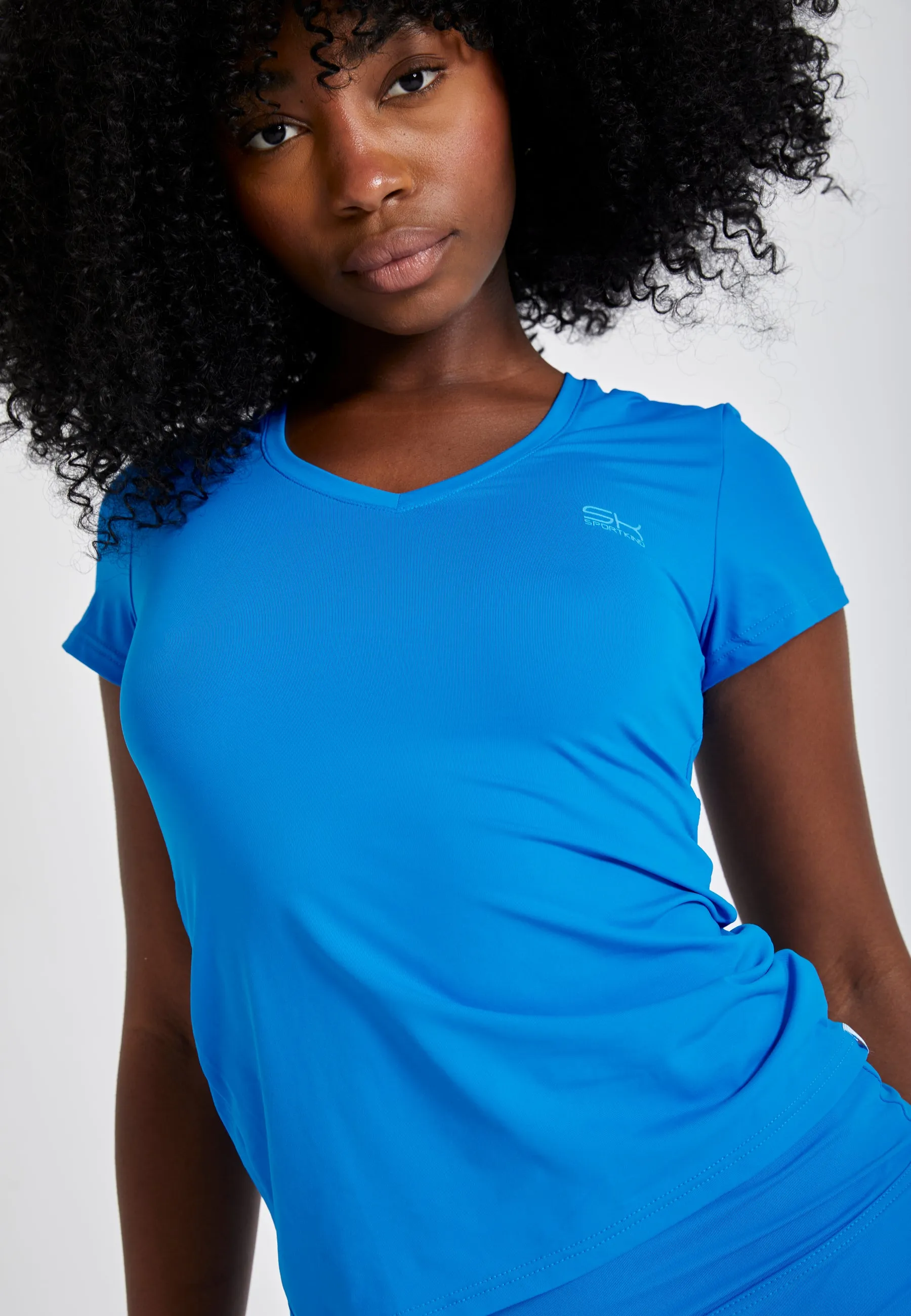 Tennis T-Shirt V-Neck Ladies &amp; Girls, cyan blue