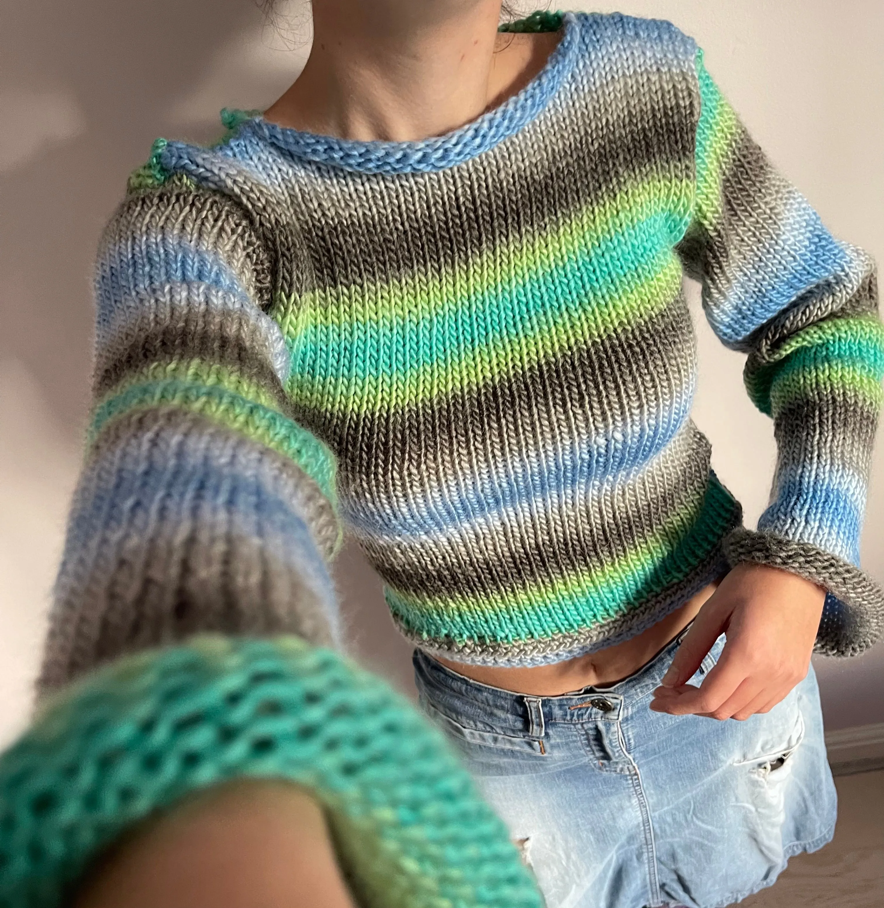 The Ocean Shades Sweater - handmade knitted flared sleeve jumper