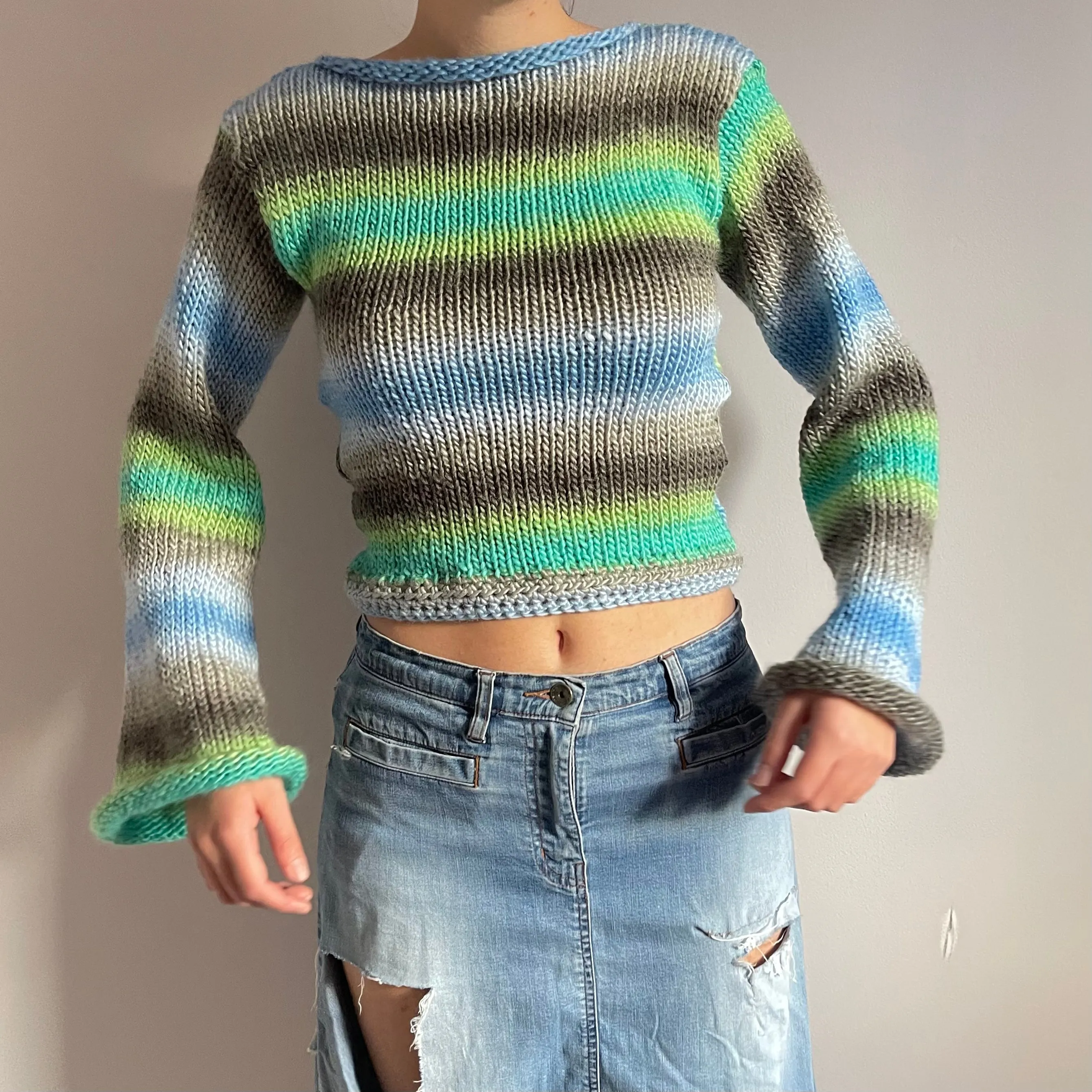 The Ocean Shades Sweater - handmade knitted flared sleeve jumper