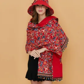 Tibetan nationality style shawl women's spring and summer sunscreen anti UV travel cloak Beaded tassel