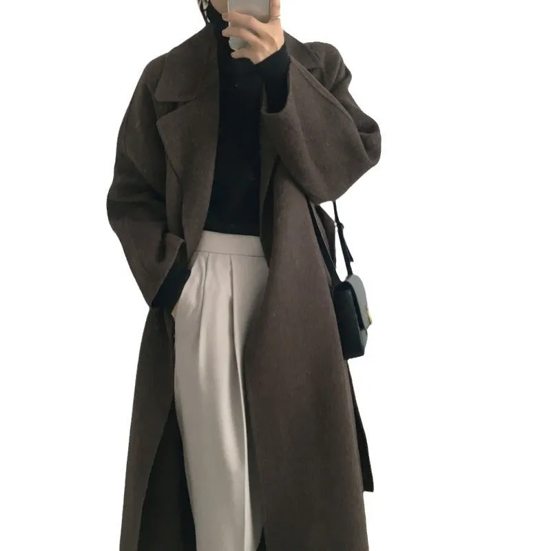 Toleet Womens fall fashion Korean Style Chic Autumn and Winter Soft Wool Belted Long Coat