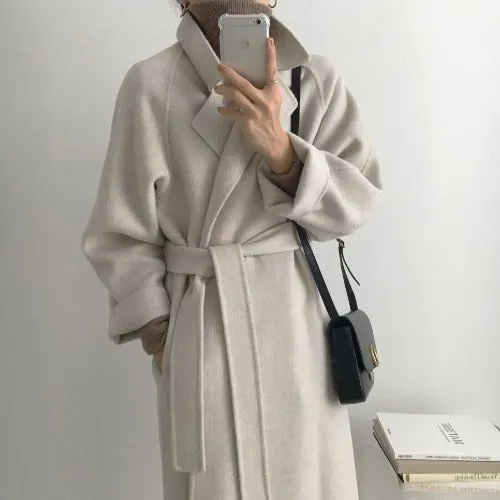 Toleet Womens fall fashion Korean Style Chic Autumn and Winter Soft Wool Belted Long Coat