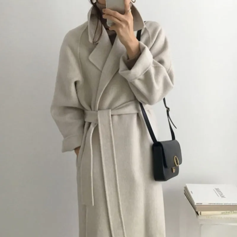 Toleet Womens fall fashion Korean Style Chic Autumn and Winter Soft Wool Belted Long Coat