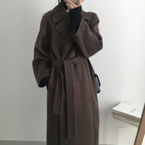 Toleet Womens fall fashion Korean Style Chic Autumn and Winter Soft Wool Belted Long Coat