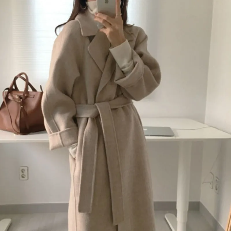 Toleet Womens fall fashion Korean Style Chic Autumn and Winter Soft Wool Belted Long Coat