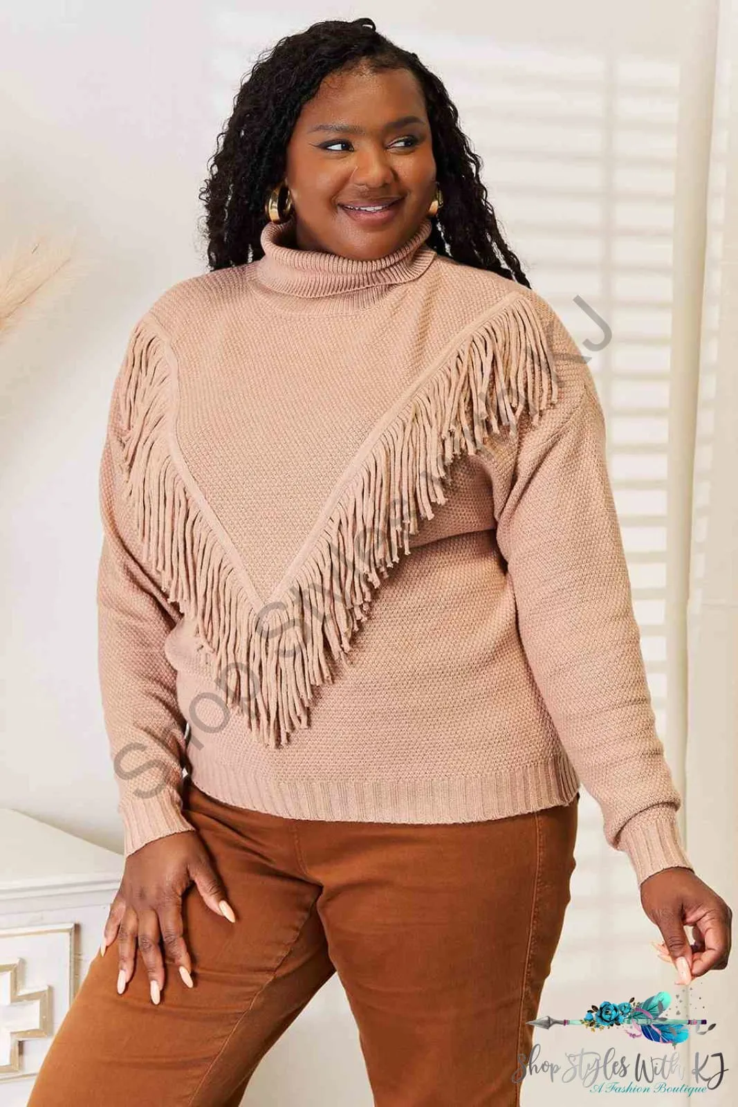 Turtleneck Fringe Front Long Sleeve Sweater