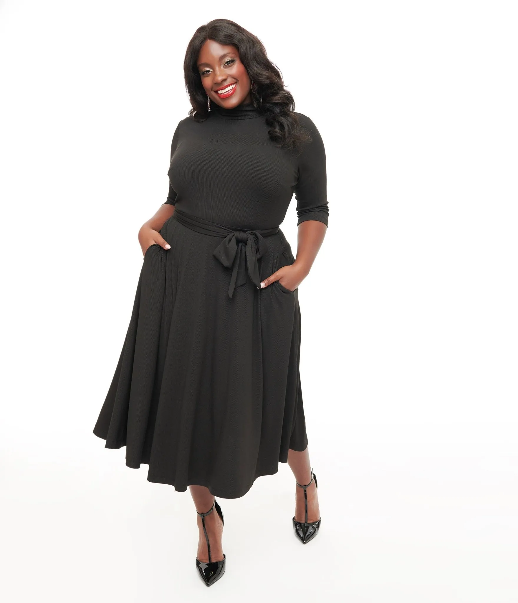 Unique Vintage Plus Size 1950s Black Turtleneck Midi Dress