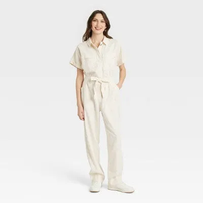 Universal Thread Women's Short Sleeve Linen Boilersuit Casual Jumpsuit