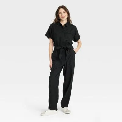 Universal Thread Women's Short Sleeve Linen Boilersuit Casual Jumpsuit