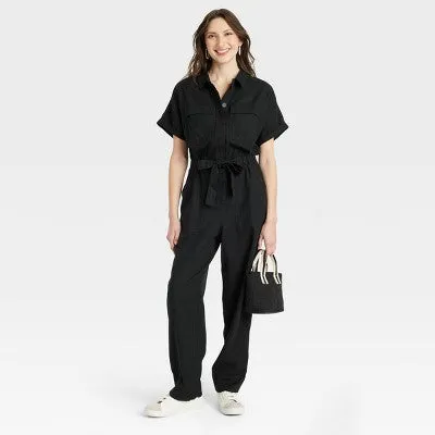 Universal Thread Women's Short Sleeve Linen Boilersuit Casual Jumpsuit