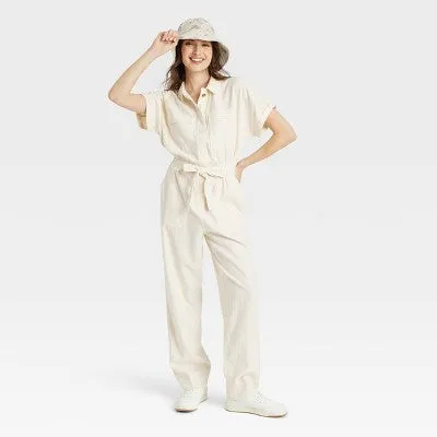 Universal Thread Women's Short Sleeve Linen Boilersuit Casual Jumpsuit