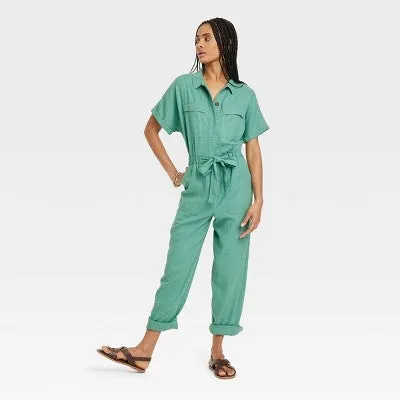 Universal Thread Women's Short Sleeve Linen Boilersuit Casual Jumpsuit