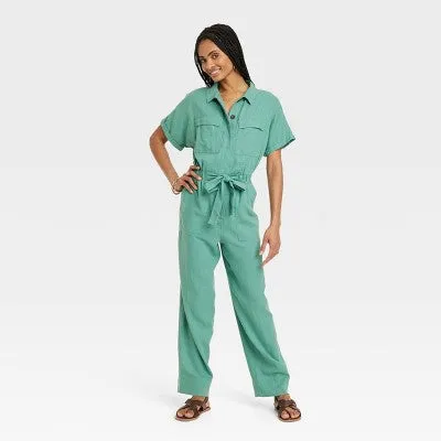 Universal Thread Women's Short Sleeve Linen Boilersuit Casual Jumpsuit