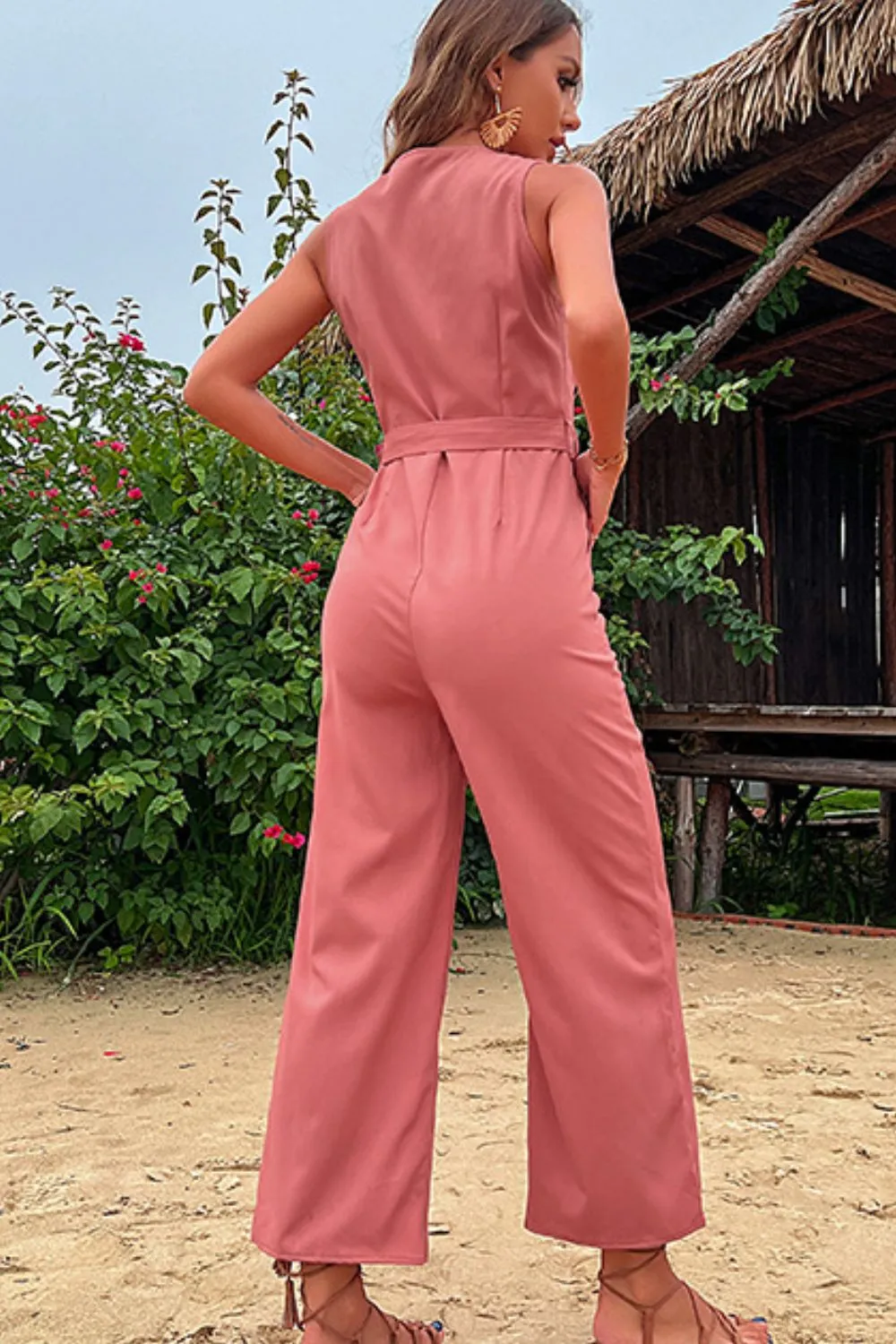 V-Neck Belted Sleeveless Jumpsuit with Pockets