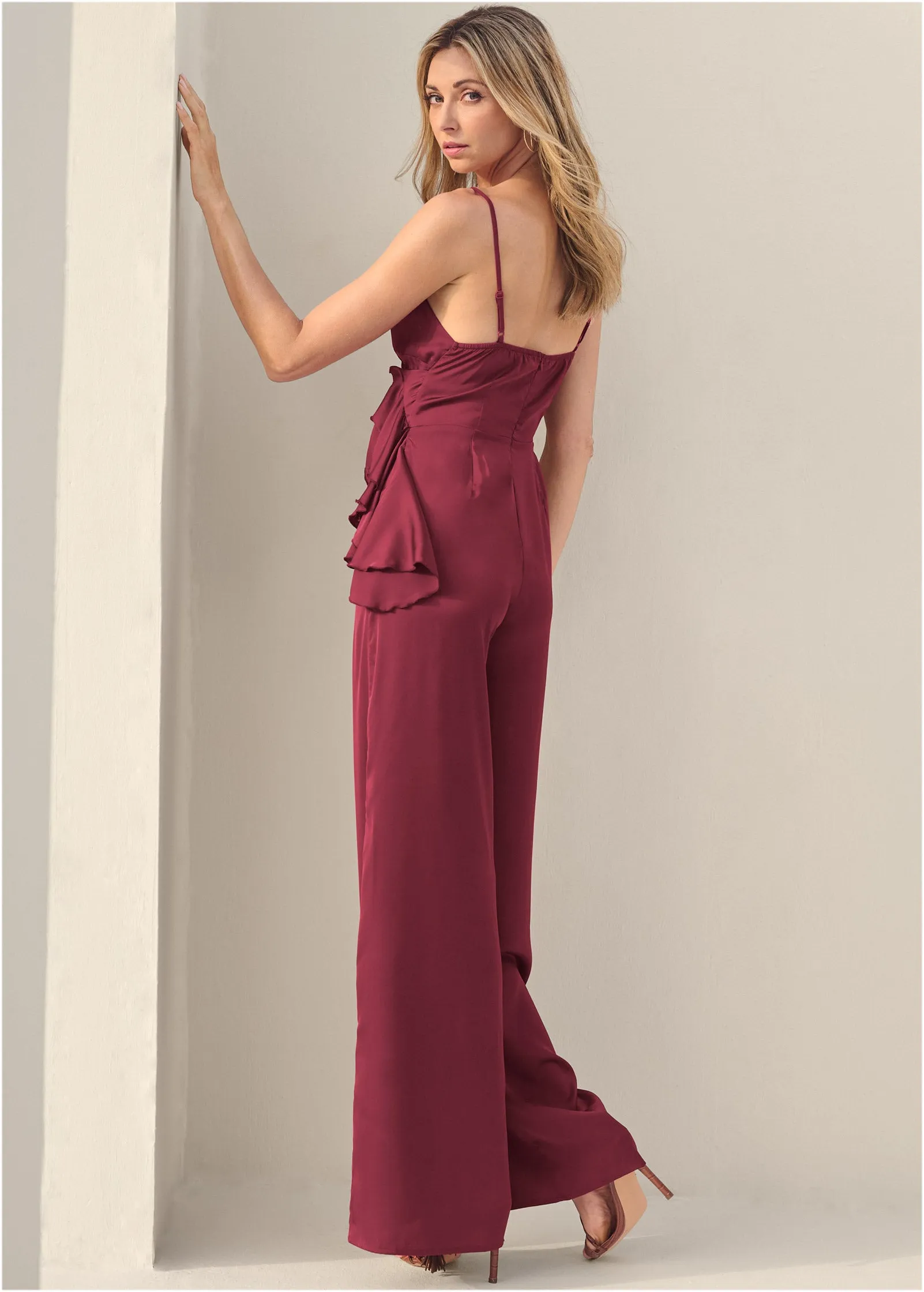 V-Neck Jumpsuit - Dark Red