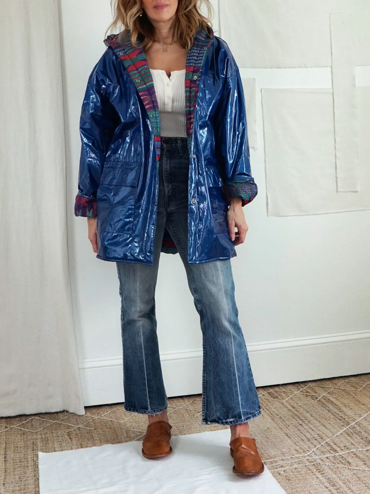 Vintage Blue Metallic Quilted Rain Coat