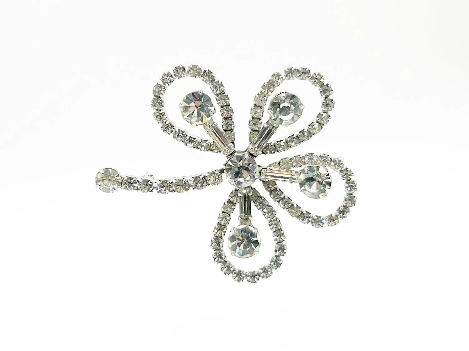 Vintage Clear Rhinestone 4- Leaf Clover Shamrock Brooch