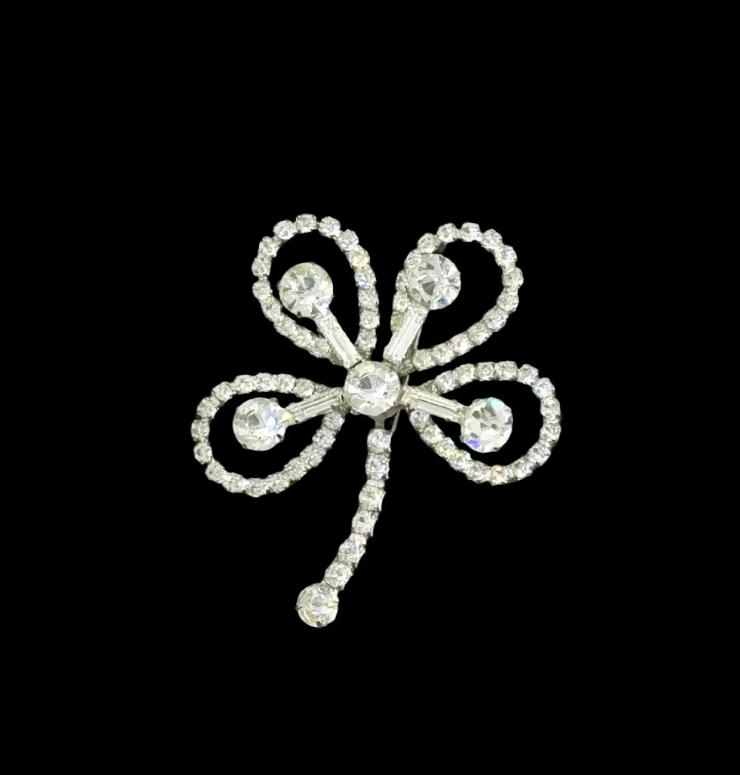 Vintage Clear Rhinestone 4- Leaf Clover Shamrock Brooch