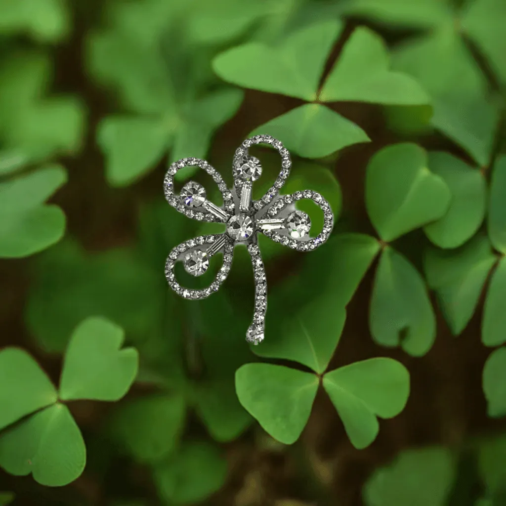 Vintage Clear Rhinestone 4- Leaf Clover Shamrock Brooch