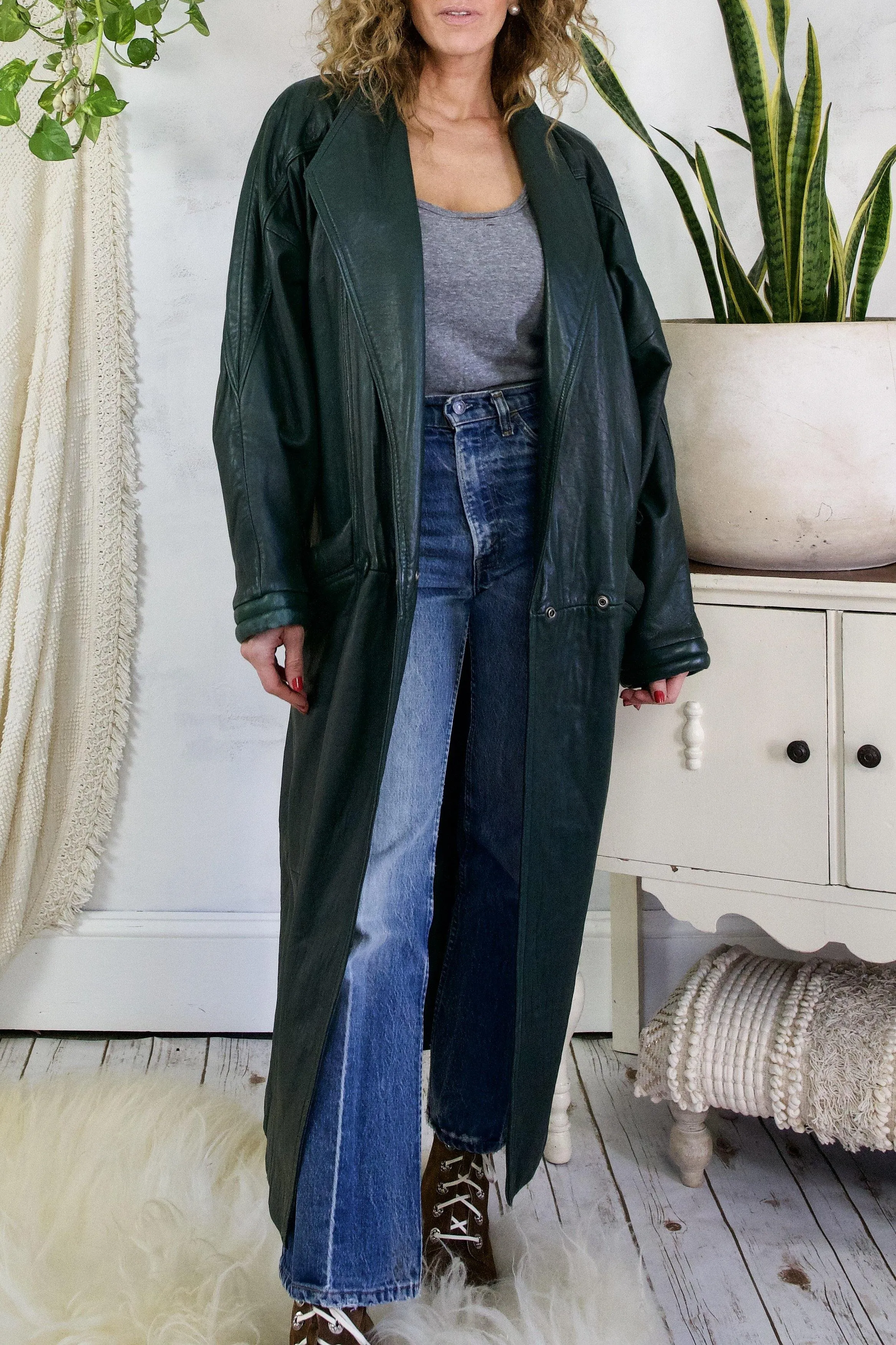 Vintage Evergreen Maxi Quilted Leather Coat