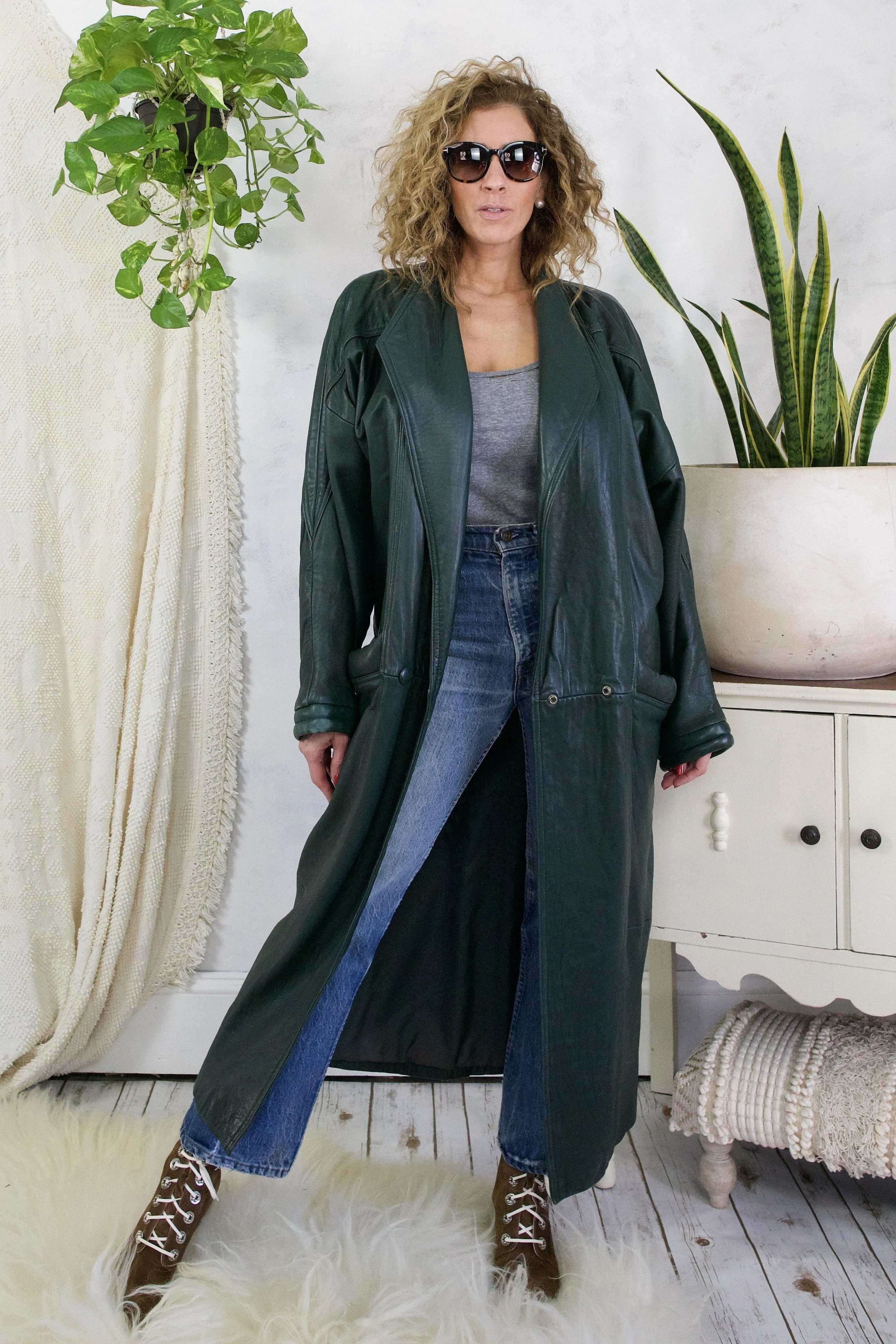 Vintage Evergreen Maxi Quilted Leather Coat