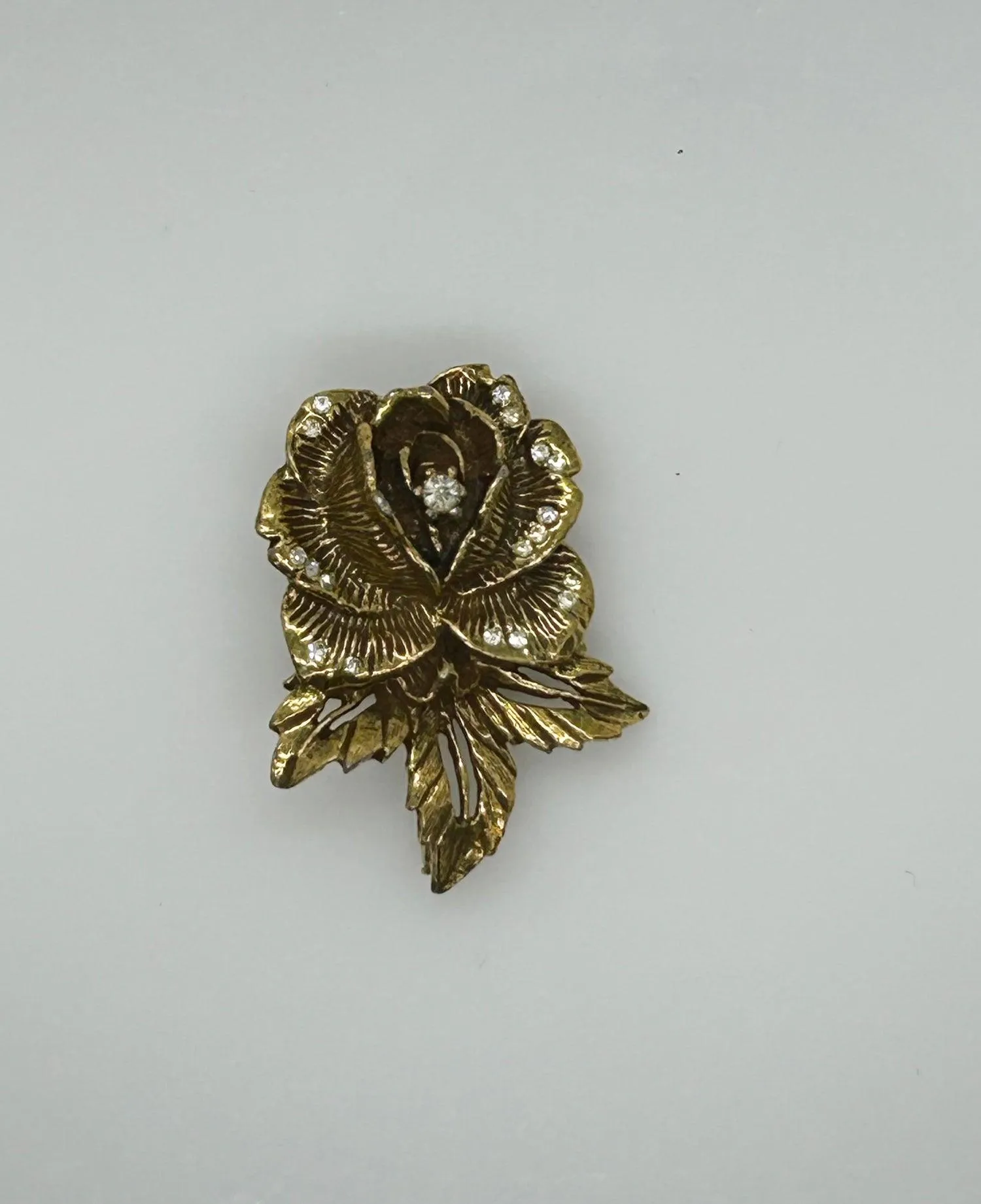 Vintage Goldette Rose Brooch with Rhinestones