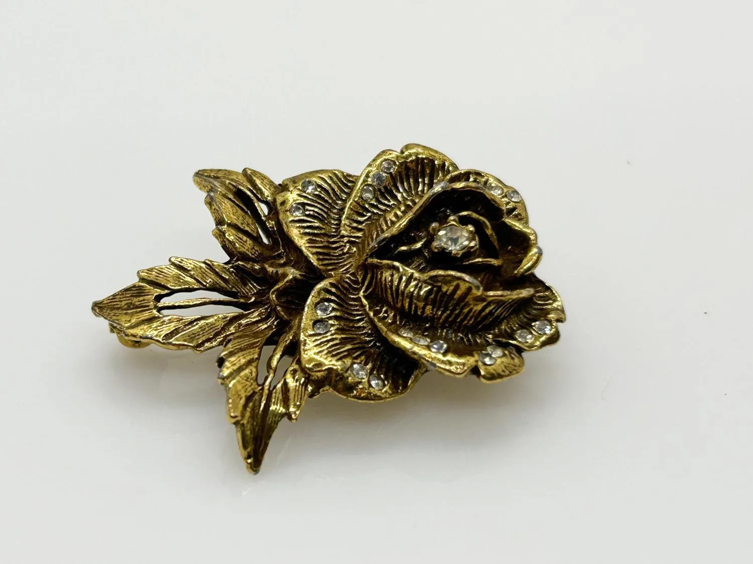 Vintage Goldette Rose Brooch with Rhinestones