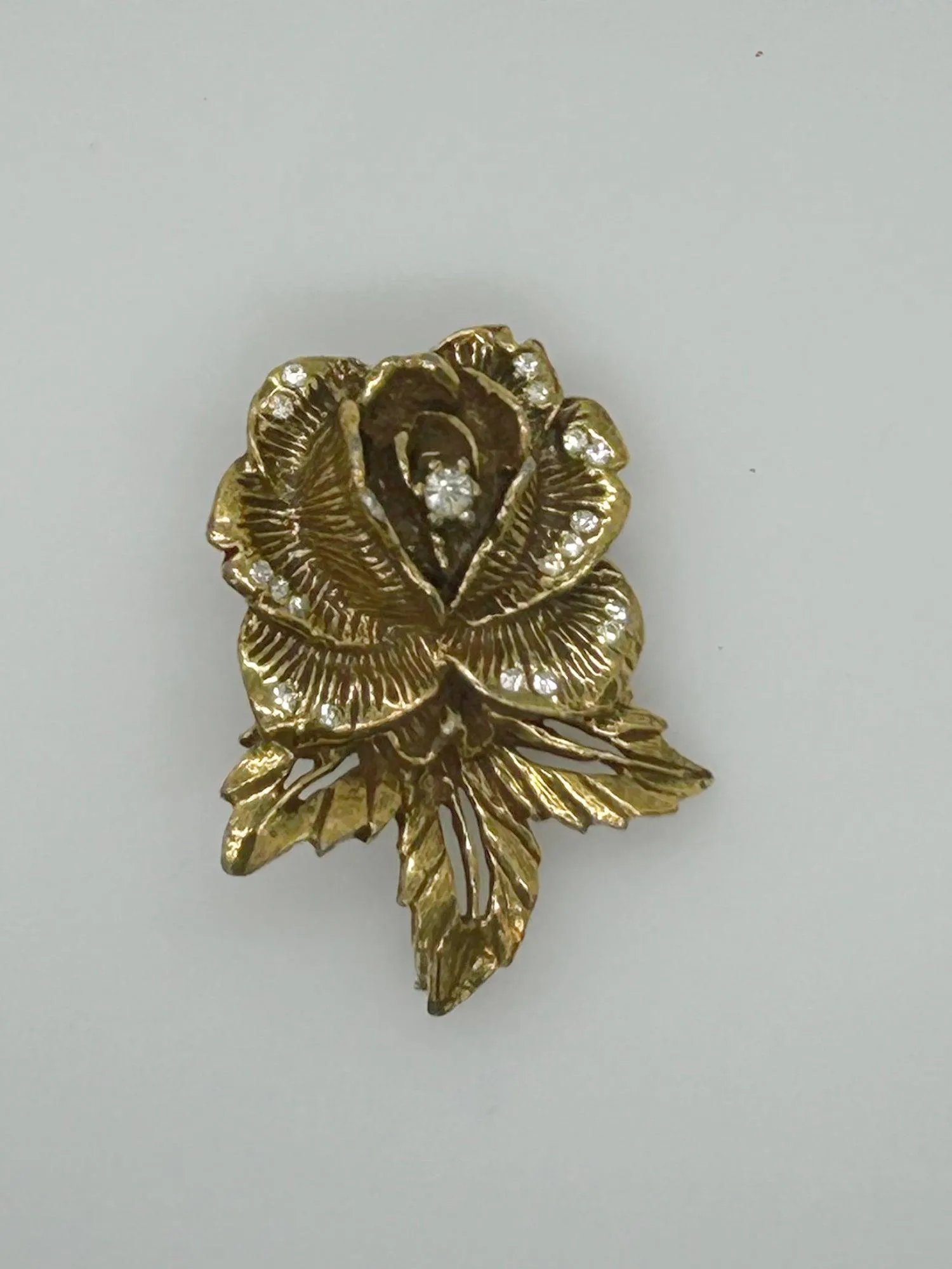 Vintage Goldette Rose Brooch with Rhinestones